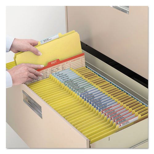 Image of Smead 14098 Pressboard Top Tab Classification Folder, 2/5 Tab, Expands 3", 3 Dividers, 8 SafeSHIELD Fasteners, Letter Size, Yellow, 10/BX