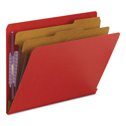 Image of Smead 26783 End Tab Pressboard Classification Folders, Expands 2", 2 Dividers, 6 SafeSHIELD Fasteners, Letter Size, Bright Red, 10/Box