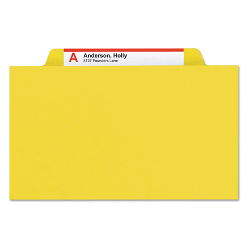 Image of Smead 14098 Pressboard Top Tab Classification Folder, 2/5 Tab, Expands 3", 3 Dividers, 8 SafeSHIELD Fasteners, Letter Size, Yellow, 10/BX