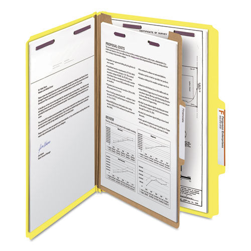 Image of Smead 18734 Pressboard Top Tab Classification Folders, Expands 2", 1 Divider, 4 SafeSHIELD Fasteners, Legal Size, Yellow, 10/Box