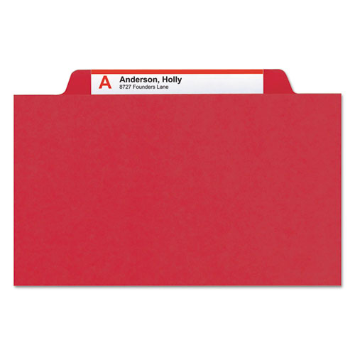 Image of Smead Four-Section Pressboard Top Tab Classification Folders, Four SafeSHIELD Fasteners, 1 Divider, Legal Size, Bright Red, 10/Box