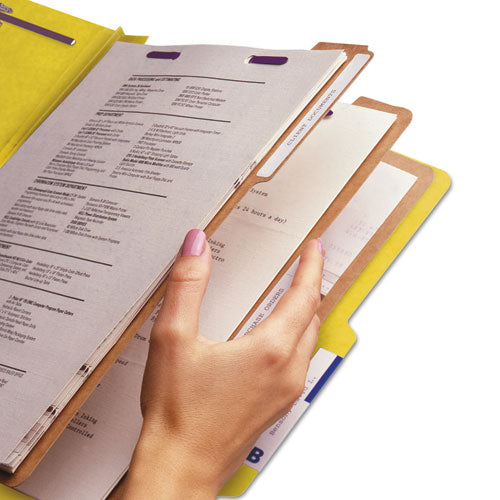 Image of Smead 19098 Pressboard Top Tab Classification Folders, 2/5 Tab, Expands 3", 3 Dividers, 8 SafeSHIELD Fasteners, Legal Size, Yellow, 10/BX