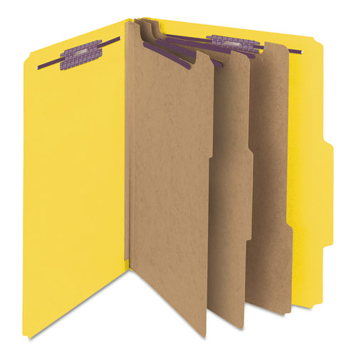 Image of Smead 14098 Pressboard Top Tab Classification Folder, 2/5 Tab, Expands 3", 3 Dividers, 8 SafeSHIELD Fasteners, Letter Size, Yellow, 10/BX
