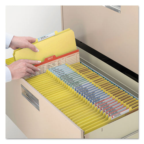 Image of Smead 19098 Pressboard Top Tab Classification Folders, 2/5 Tab, Expands 3", 3 Dividers, 8 SafeSHIELD Fasteners, Legal Size, Yellow, 10/BX