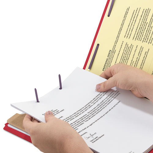 Image of Smead Four-Section Pressboard Top Tab Classification Folders, Four SafeSHIELD Fasteners, 1 Divider, Legal Size, Bright Red, 10/Box
