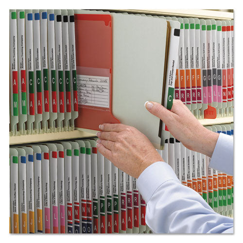 Image of Smead 26820 End Tab Pressboard Classification Folders, Expands 3", 3 Dividers, 8 SafeSHIELD Fasteners, Letter Size, Gray-Green, 10/Box