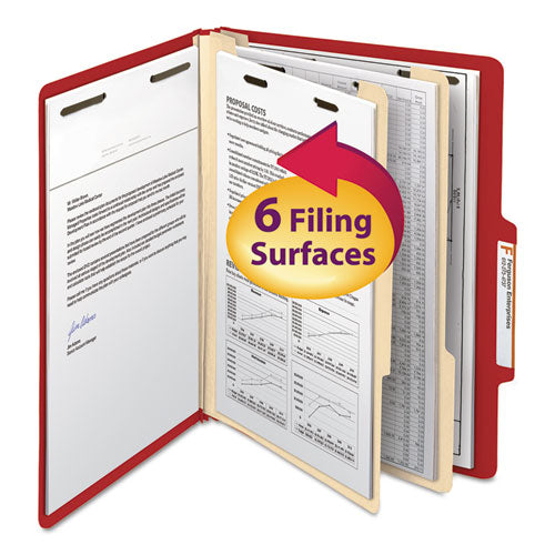 Image of Smead 14003 Colored Top Tab Classification Folders, 2/5-Cut Tab, Expands 2", 2 Dividers, 6 SafeSHIELD Fasteners, Letter Size, Red, 10/Box