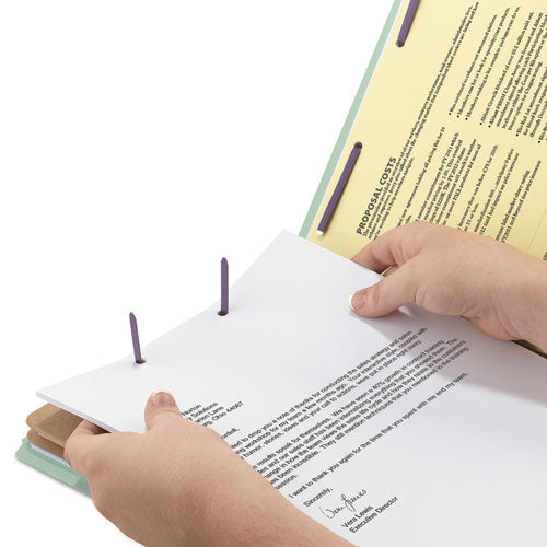 Image of Smead 19076 Pressboard Classification Folders, 2/5 Tab, Expands 2", 2 Dividers, 6 SafeSHIELD Fasteners, Legal Size, Gray-Green, 10/Box