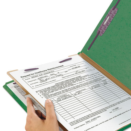 Image of Smead 13733 Pressboard Top Tab Classification Folders, Expands 2", 1 Divider, 4 SafeSHIELD Fasteners, Letter Size, Green, 10/Box