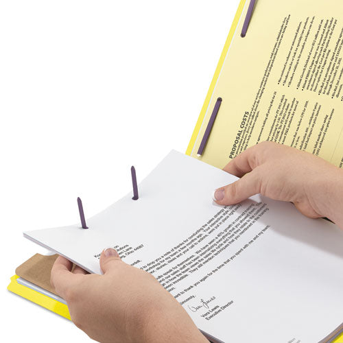 Image of Smead Four-Section Pressboard Top Tab Classification Folders, Four SafeSHIELD Fasteners, 1 Divider, Letter Size, Yellow, 10/Box