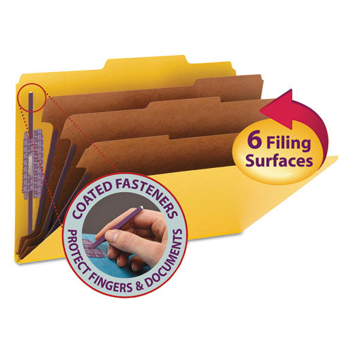 Image of Smead 19098 Pressboard Top Tab Classification Folders, 2/5 Tab, Expands 3", 3 Dividers, 8 SafeSHIELD Fasteners, Legal Size, Yellow, 10/BX