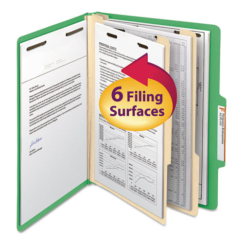 Image of Smead Top Tab Classification Folders, Six SafeSHIELD Fasteners, 2" Expansion, 2 Dividers, Letter Size, Green Exterior, 10/Box