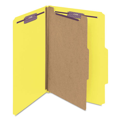 Image of Smead 18734 Pressboard Top Tab Classification Folders, Expands 2", 1 Divider, 4 SafeSHIELD Fasteners, Legal Size, Yellow, 10/Box