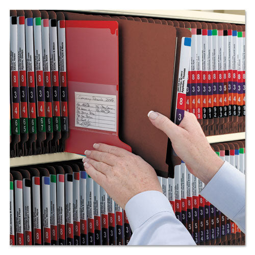 Image of Smead 29860 End Tab Pressboard Classification Folders, Expands 2", 2 Dividers, 6 SafeSHIELD Fasteners, Legal Size, Red, 10/Box