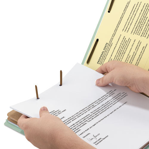 Image of Smead 19022 Recycled Pressboard Classification Folders, 2/5-Cut Tab, Expands2", 2 Dividers, 6 Fasteners, Legal Size, Gray-Green, 10/Box