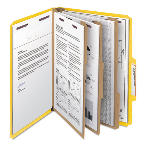 Image of Smead 14098 Pressboard Top Tab Classification Folder, 2/5 Tab, Expands 3", 3 Dividers, 8 SafeSHIELD Fasteners, Letter Size, Yellow, 10/BX