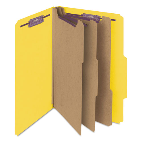 Image of Smead 19098 Pressboard Top Tab Classification Folders, 2/5 Tab, Expands 3", 3 Dividers, 8 SafeSHIELD Fasteners, Legal Size, Yellow, 10/BX