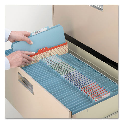 Image of Smead Eight-Section Pressboard Top Tab Classification Folders, Eight SafeSHIELD Fasteners, 3 Dividers, Legal Size, Blue, 10/Box