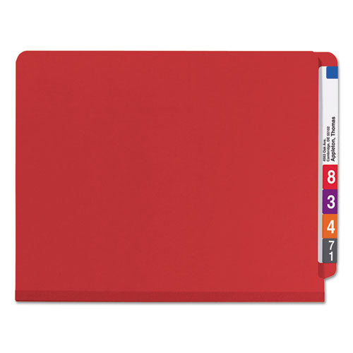 Image of Smead 26783 End Tab Pressboard Classification Folders, Expands 2", 2 Dividers, 6 SafeSHIELD Fasteners, Letter Size, Bright Red, 10/Box