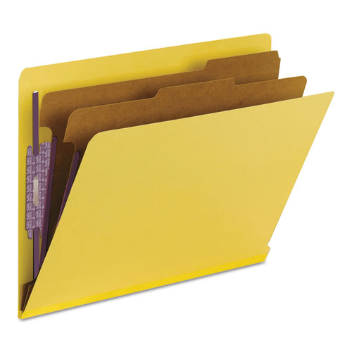 Image of Smead 26789 End Tab Pressboard Classification Folders, Expands 2", 2 Dividers, 6 SafeSHIELD Fasteners, Letter Size, Yellow, 10/Box