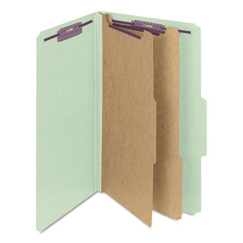 Image of Smead 19076 Pressboard Classification Folders, 2/5 Tab, Expands 2", 2 Dividers, 6 SafeSHIELD Fasteners, Legal Size, Gray-Green, 10/Box