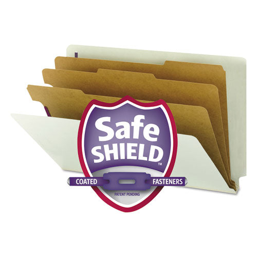 Image of Smead 29820 End Tab Pressboard Classification Folders, Expands 3", 3 Dividers, 8 SafeSHIELD Fasteners, Legal Size, Gray-Green, 10/Box