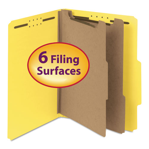 Image of Smead 14064 Recycled Pressboard Classification Folders, 2/5-Cut Tab, Expands 2", 2 Dividers, 6 Fasteners, Letter Size, Yellow, 10/BX