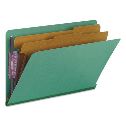 Image of Smead 29785 End Tab Pressboard Classification Folders, Expands 2", 2 Dividers, 6 SafeSHIELD Fasteners, Legal Size, Green, 10/Box