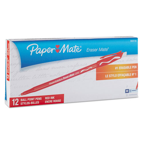 Image of Paper Mate® 3920158 Eraser Mate Ballpoint Pen, Stick, Medium 1 Mm, Red Ink, Red Barrel, Dozen