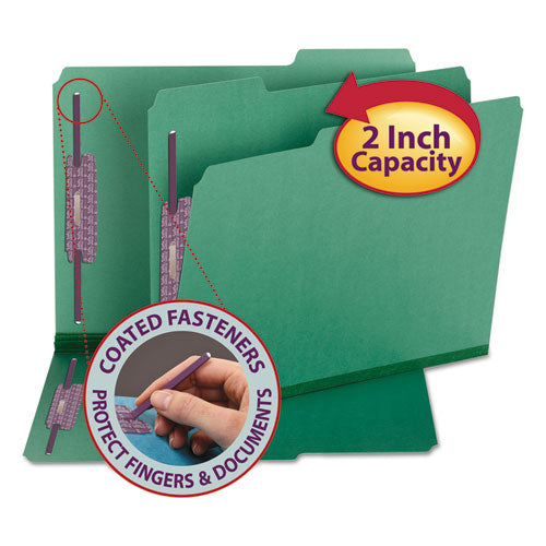 Image of Smead 14938 Colored Pressboard Fastener Folders, 1/3-Cut Tab: Assorted, Expands 2", 2 SafeSHIELD Fasteners, Letter Size, Green, 25/Box