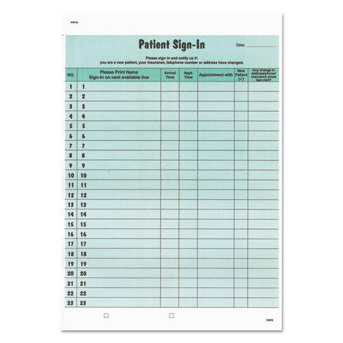 Image of Tabbies® TAB14532 Patient Sign-In Label Forms, Two-Part Carbon, 8.5 x 11.63, Green Sheets, 125 Forms Total