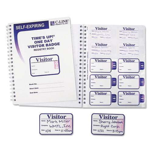 Image of C-Line® 97009 Time'S Up Self-Expiring Visitor Badges With Registry Log, 3 X 2, White, 150 Badges/Box