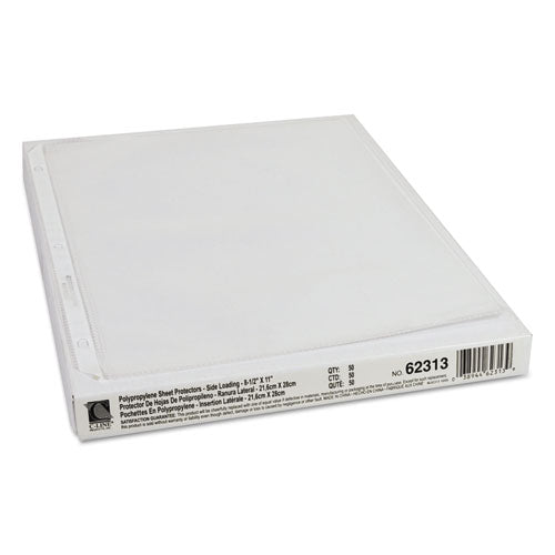 Image of C-Line® 62313 Side Loading Polypropylene Sheet Protectors, Heavy-Duty, Side: 3-Hole Punched, Side Load 8.5 x 11 Insert, Clear Front, 50/Box