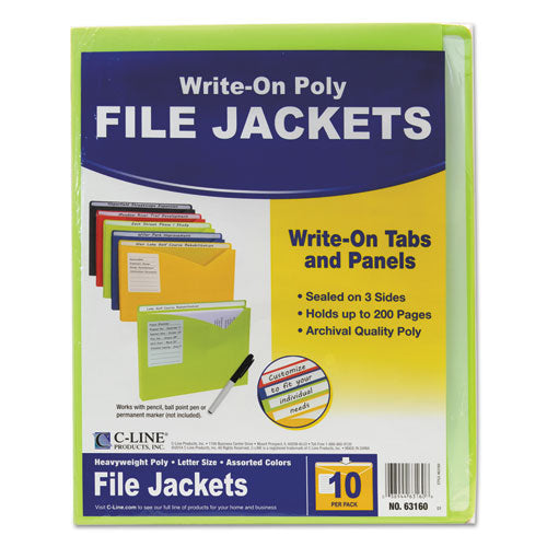 Image of C-Line® 63160 Write-On Poly File Jackets, Straight Tab, Letter Size, Assorted Colors, 10/pack