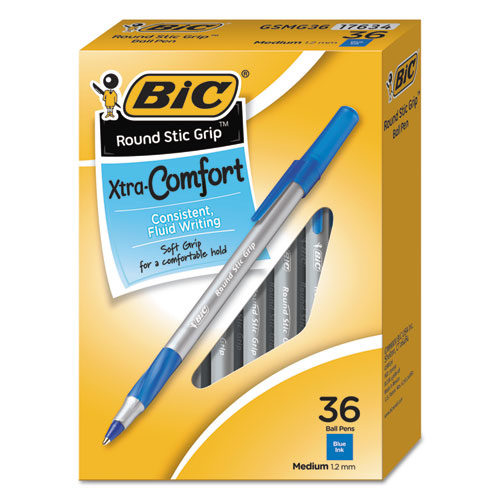 Image of BIC® GSMG361-BE Round Stic Grip Xtra Comfort Ballpoint Pen Value Pack, Easy-Glide, Stick, Medium 1.2 Mm, Blue Ink, Gray/blue Barrel, 36/pack