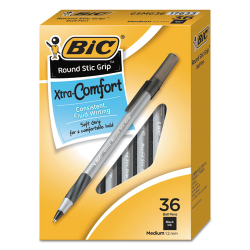 Image of BIC® GSMG361-BK Round Stic Grip Xtra Comfort Ballpoint Pen Value Pack, Easy-Glide, Stick, Medium 1.2mm, Black Ink, Gray/Black Barrel, 36/Pack