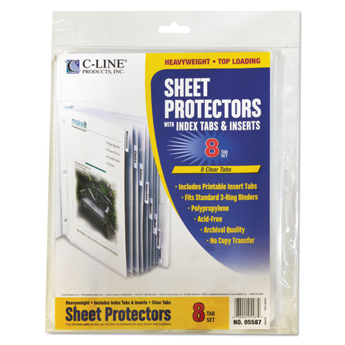 Image of C-Line® 05587 Sheet Protectors with Eight Clear Index Tabs, Heavy-Duty, Side: 3-Hole Punched, Top Load 8.5 x 11 Insert, Clear, 8/Set