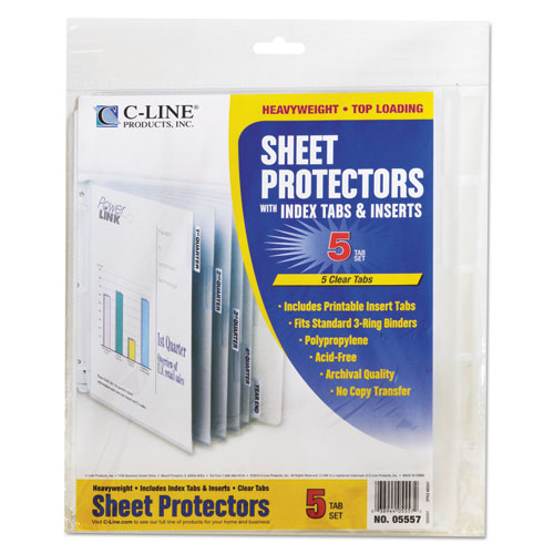 Image of C-Line® 05557 Sheet Protectors with Five Clear Index Tabs, Heavy-Duty, Side: 3-Hole Punched, Top Load 8.5 x 11 Insert, Clear, 5/Set