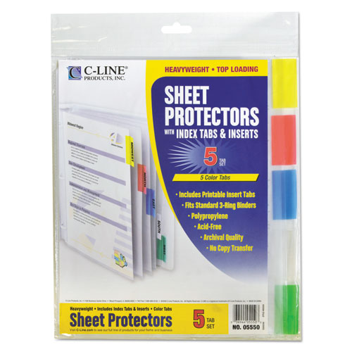 Image of C-Line® 05550 Sheet Protectors with Five Assorted Index Tabs, Heavy-Duty, Side: 3-Hole Punched, Top Load 8.5 x 11 Insert, Clear, 5/Set