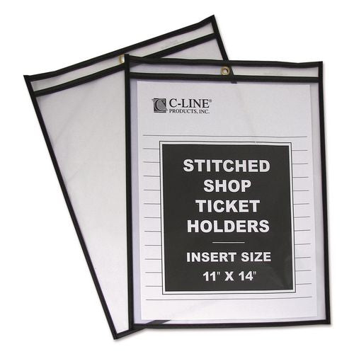 Image of C-Line® 46114 Stitched Shop Ticket Holders, Super Heavy-Duty, Top Load 11 x 14 Insert, Clear Front, Black Border, 25/Box