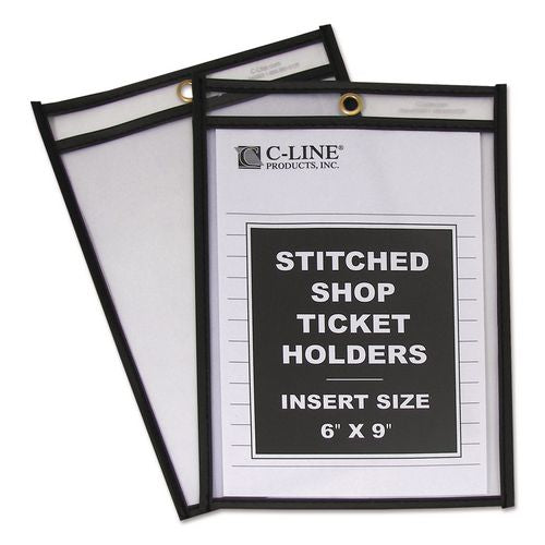 Image of C-Line® 46069 Stitched Shop Ticket Holders, Super Heavy-Duty, Top Load 6 x 9 Insert, Clear Front, Black Border, 25/Box