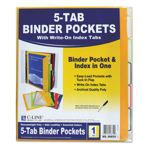 Image of C-Line® 06650 Binder Pocket With Write-On Index Tabs, 9.88 X 11.38, Assorted, 5/set