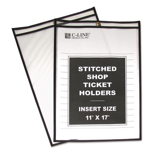 Image of C-Line® 46117 Stitched Shop Ticket Holders, Super Heavy-Duty, Top Load 11 x 17 Insert, Clear Front, Black Border, 25/Box