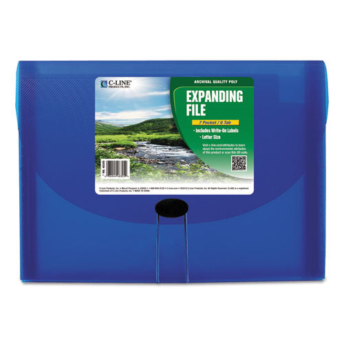 Image of C-Line® 48305 Expanding Files, 1.63" Expansion, 7 Sections, Cord/Hook Closure, 1/6-Cut Tabs, Letter Size, Blue