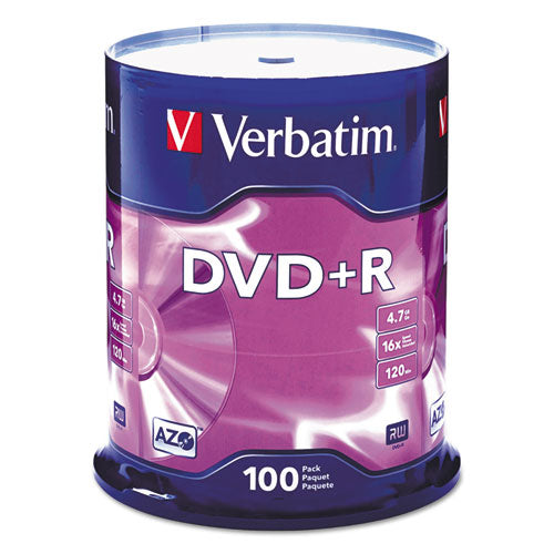 Image of Verbatim® 95098 Dvd+r Recordable Disc, 4.7 Gb, 16x, Spindle, Silver, 100/pack