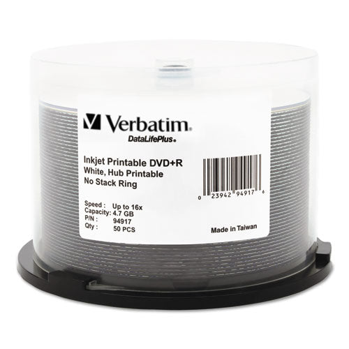 Image of Verbatim® 94917 Dvd+r Recordable Disc, 4.7 Gb, 16x, Spindle, Hub Printable, White, 50/pack