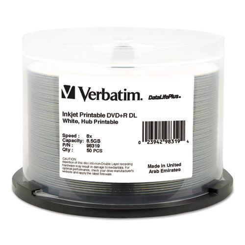 Image of Verbatim® 98319 Dvd+r Dual Layer Printable Recordable Disc, 8.5 Gb, 8x, Spindle, White, 50/pack