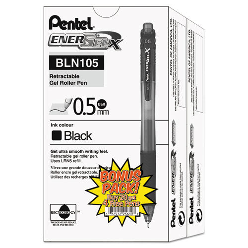 Image of Pentel® BLN105ASW2 EnerGel-X Gel Pen, Retractable, Fine 0.5 mm, Black Ink, Clear/Black Barrel, 24/Pack