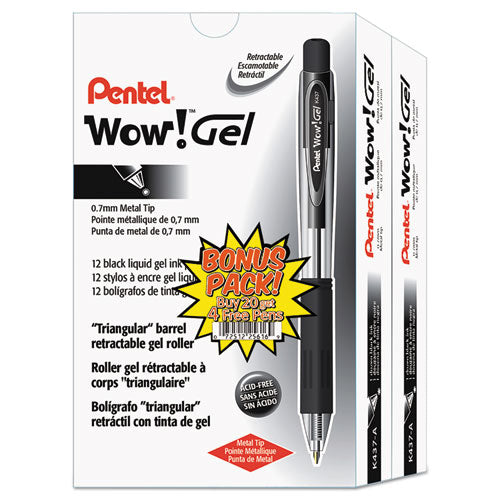 Image of Pentel® K437ASW2 WOW! Gel Pen, Retractable, Medium 0.7 mm, Black Ink, Clear/Black Barrel, 24/Pack