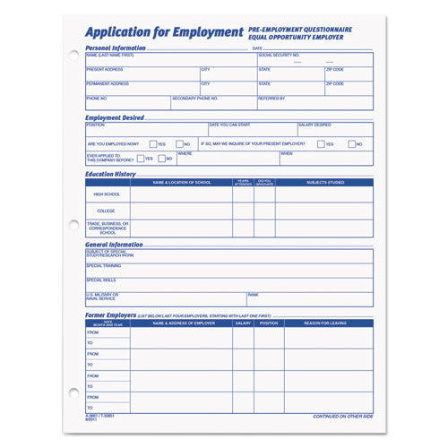 Image of TOPS 32851 Employee Application Form, One-Part (No Copies), 11 x 8.38, 50 Forms/Pad, 2 Pads/Pack